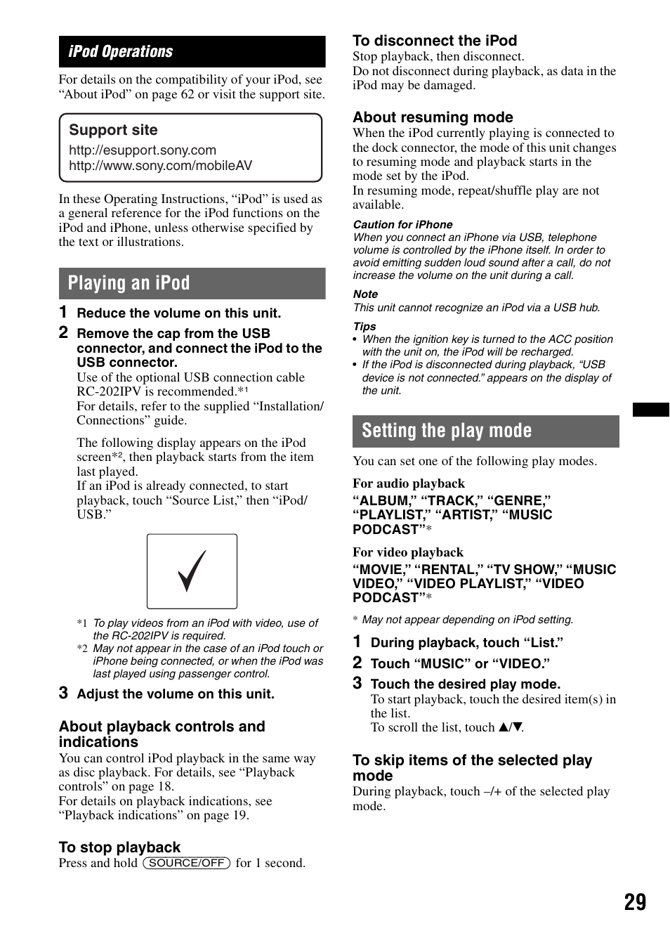 Ipod operations, Playing an ipod, Setting the play mode | Sony XAV-72BT User Manual | Page 29 / 228