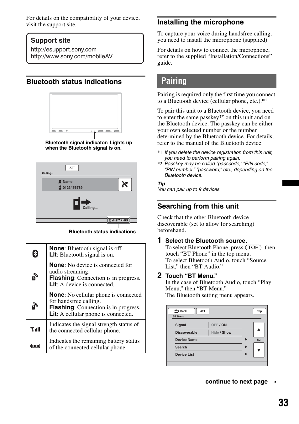 Bluetooth status indications, Installing the microphone, Pairing | Searching from this unit, Support site | Sony XAV-72BT User Manual | Page 33 / 228