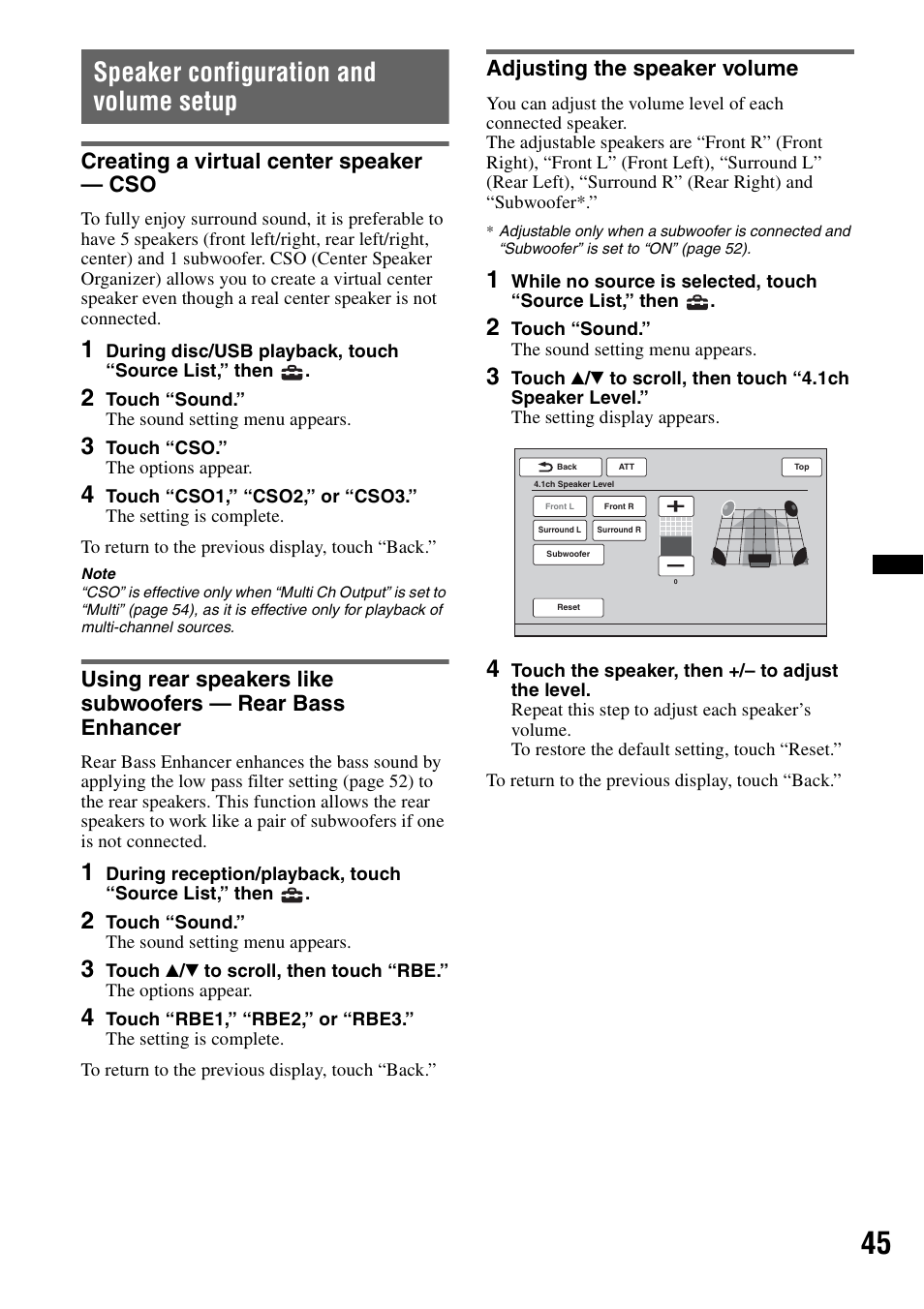 Speaker configuration and volume setup, Creating a virtual center speaker - cso, Adjusting the speaker volume | Creating a virtual center speaker — cso | Sony XAV-72BT User Manual | Page 45 / 228