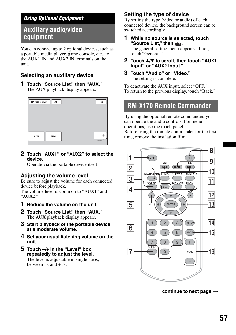 Using optional equipment, Auxiliary audio/video equipment, Rm-x170 remote commander | Sony XAV-72BT User Manual | Page 57 / 228