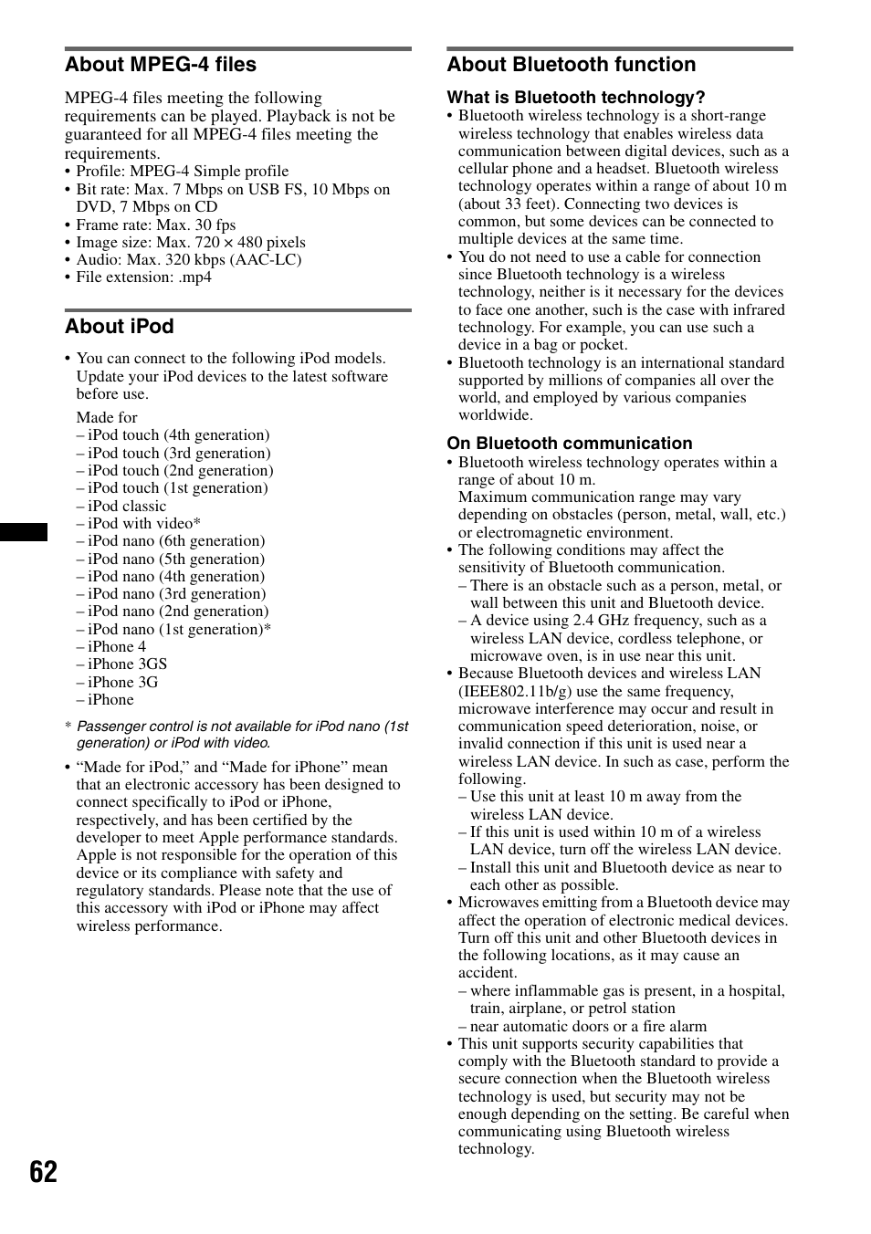 About mpeg-4 files, About ipod, About bluetooth function | Sony XAV-72BT User Manual | Page 62 / 228