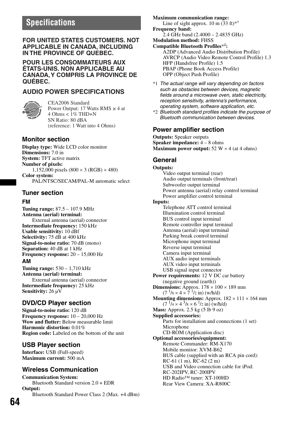 Specifications, Wireless communication, General | Audio power specifications | Sony XAV-72BT User Manual | Page 64 / 228