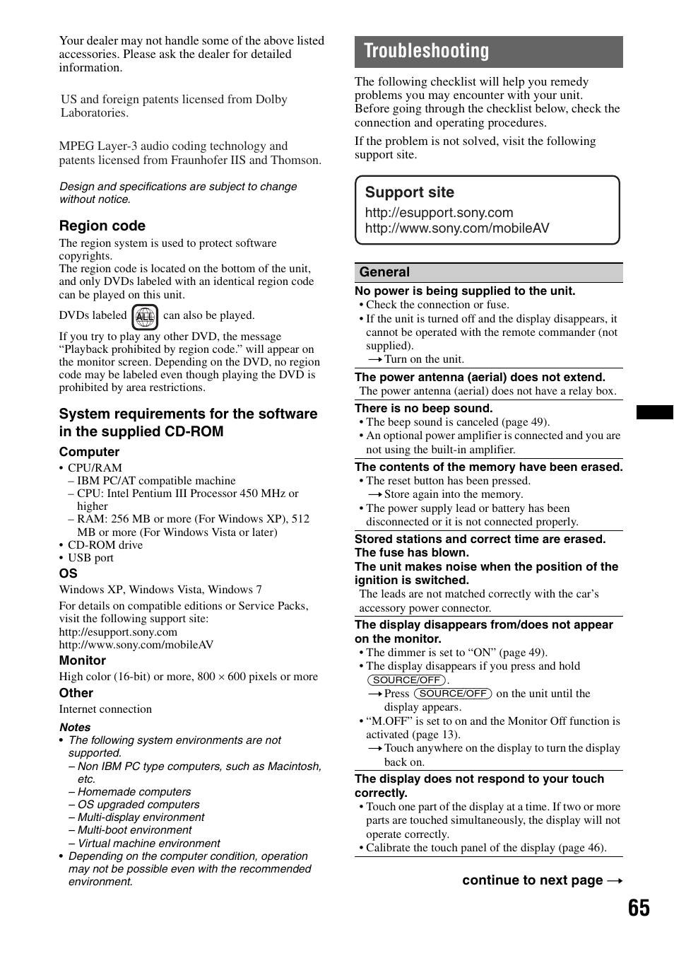 Troubleshooting, Support site | Sony XAV-72BT User Manual | Page 65 / 228