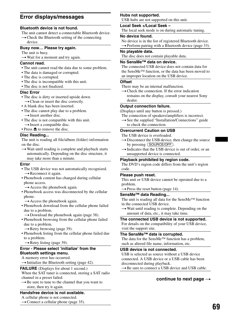 Error displays/messages | Sony XAV-72BT User Manual | Page 69 / 228