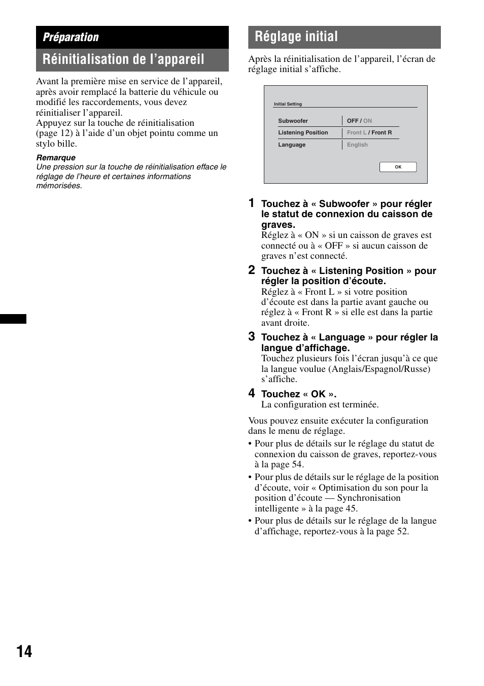 Préparation, Réinitialisation de l’appareil, Réglage initial | Sony XAV-72BT User Manual | Page 86 / 228