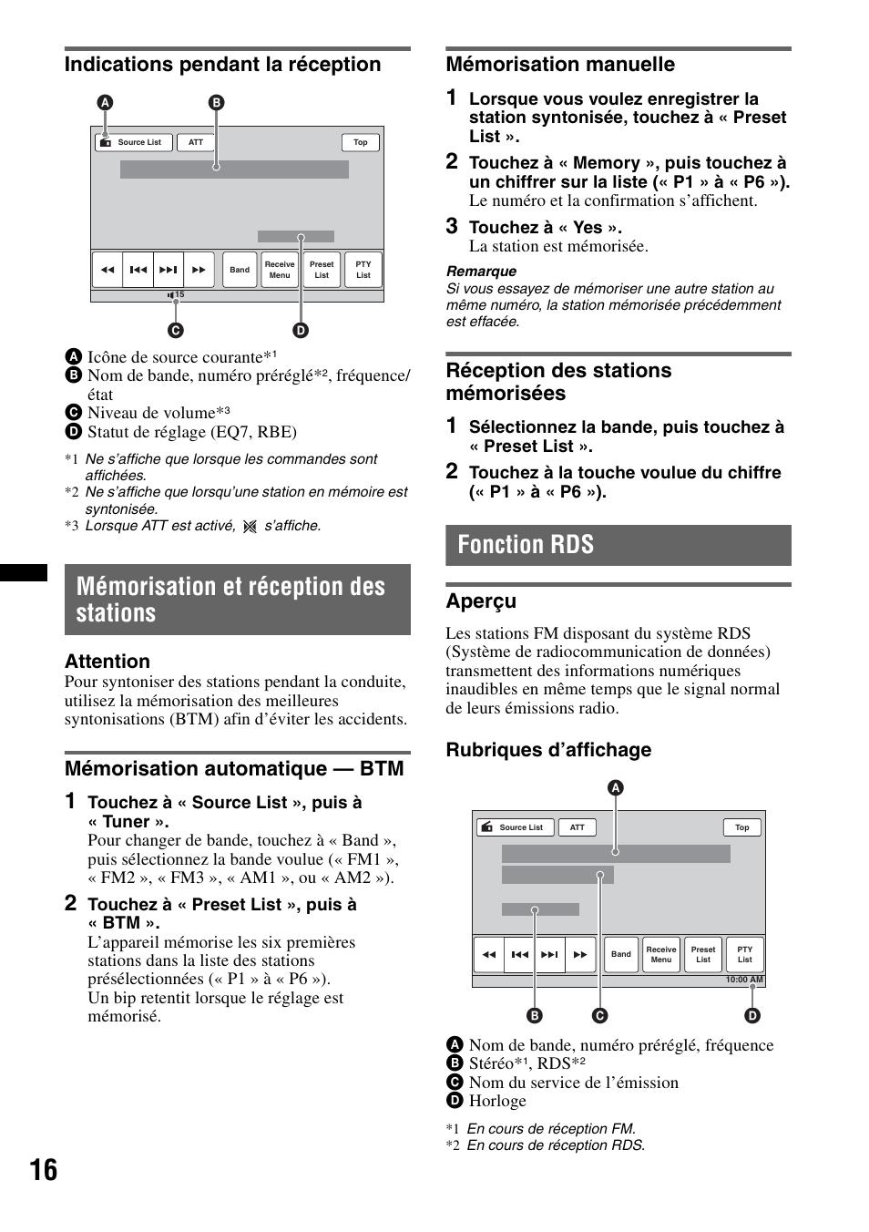 Indications pendant la réception, Mémorisation et réception des stations, Mémorisation automatique - btm | Mémorisation manuelle, Réception des stations mémorisées, Fonction rds, Aperçu, Mémorisation automatique — btm, Attention, Rubriques d’affichage | Sony XAV-72BT User Manual | Page 88 / 228