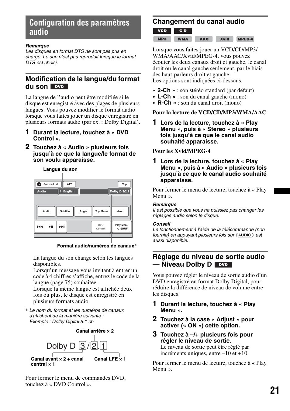 Configuration des paramètres audio, Modification de la langue/du format du son, Changement du canal audio | Réglage du niveau de sortie audio - niveau dolby d, Dolby d 3 / 2, Réglage du niveau de sortie audio — niveau dolby d | Sony XAV-72BT User Manual | Page 93 / 228