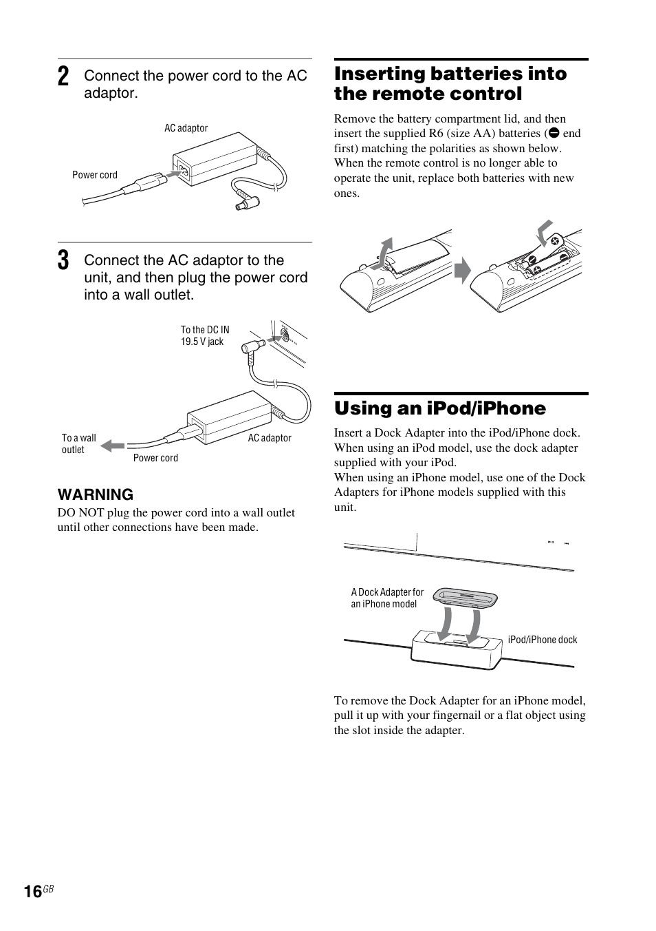 Inserting batteries into the remote control, Using an ipod/iphone | Sony NAS-SV20i User Manual | Page 16 / 95