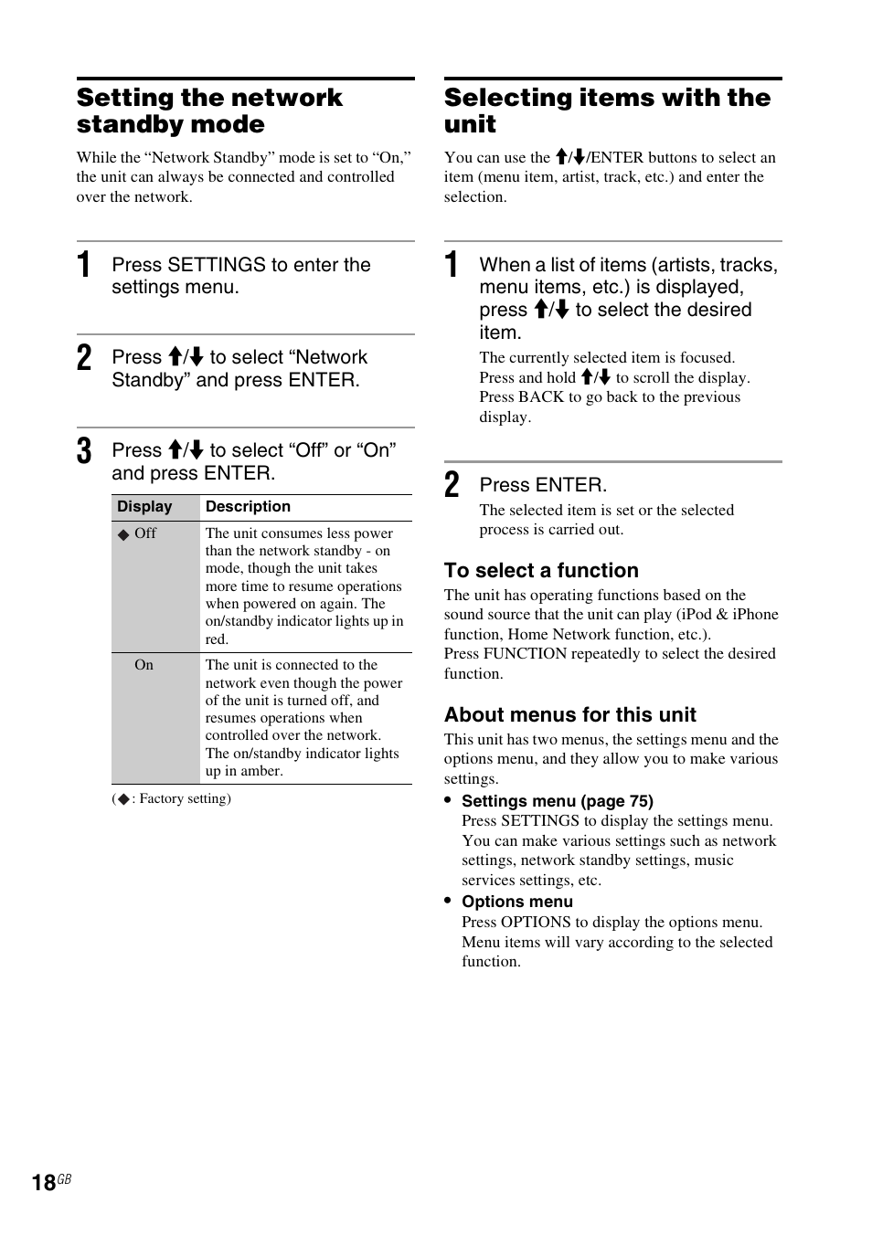 Setting the network standby mode, Selecting items with the unit, E 18 | Es 18, E 18), Setting the network standby mode” (pa | Sony NAS-SV20i User Manual | Page 18 / 95