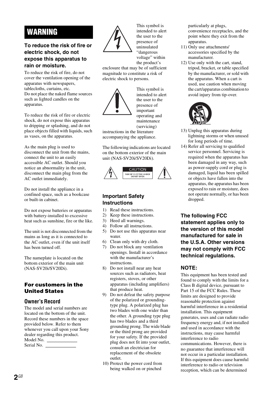 Warning | Sony NAS-SV20i User Manual | Page 2 / 95