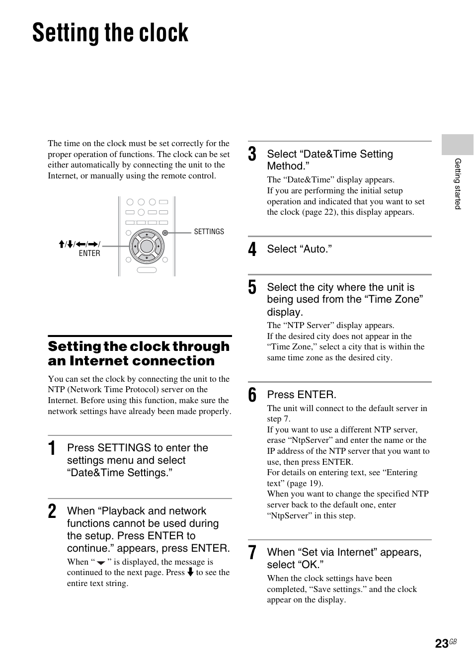 Setting the clock, Setting the clock through an internet connection | Sony NAS-SV20i User Manual | Page 23 / 95