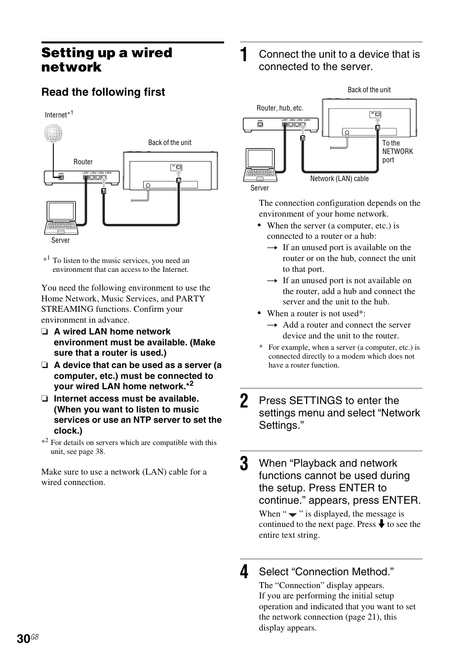 Setting up a wired network, 4 of “setting up a wired network, E 30) | 1 of, Read the following first | Sony NAS-SV20i User Manual | Page 30 / 95