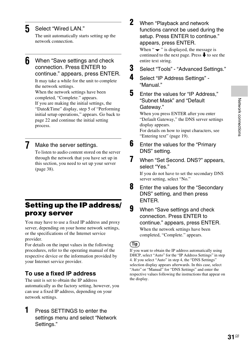 Setting up the ip address/ proxy server, Setting up the ip address/proxy server | Sony NAS-SV20i User Manual | Page 31 / 95