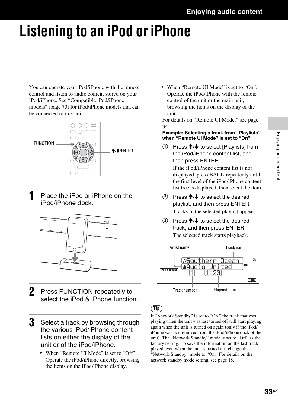 Enjoying audio content, Listening to an ipod or iphone | Sony NAS-SV20i User Manual | Page 33 / 95