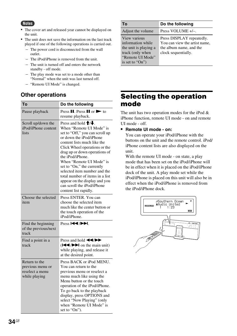 Selecting the operation mode, E 34, Other operations | Sony NAS-SV20i User Manual | Page 34 / 95