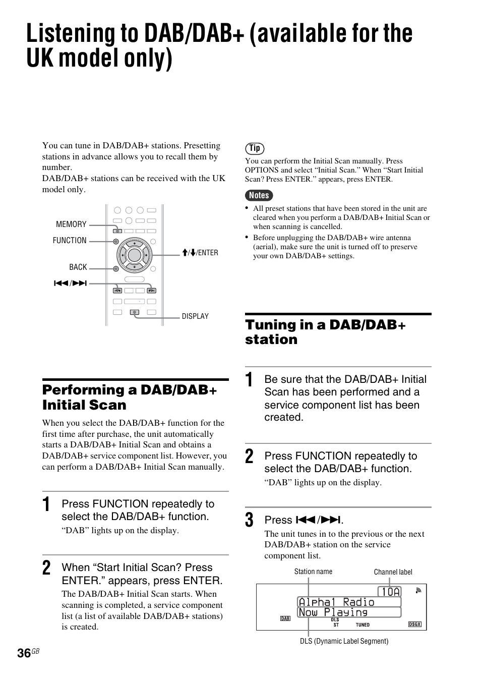 Performing a dab/dab+ initial scan, Tuning in a dab/dab+ station | Sony NAS-SV20i User Manual | Page 36 / 95