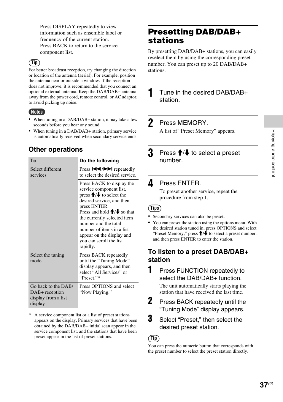 Presetting dab/dab+ stations, E 37) | Sony NAS-SV20i User Manual | Page 37 / 95