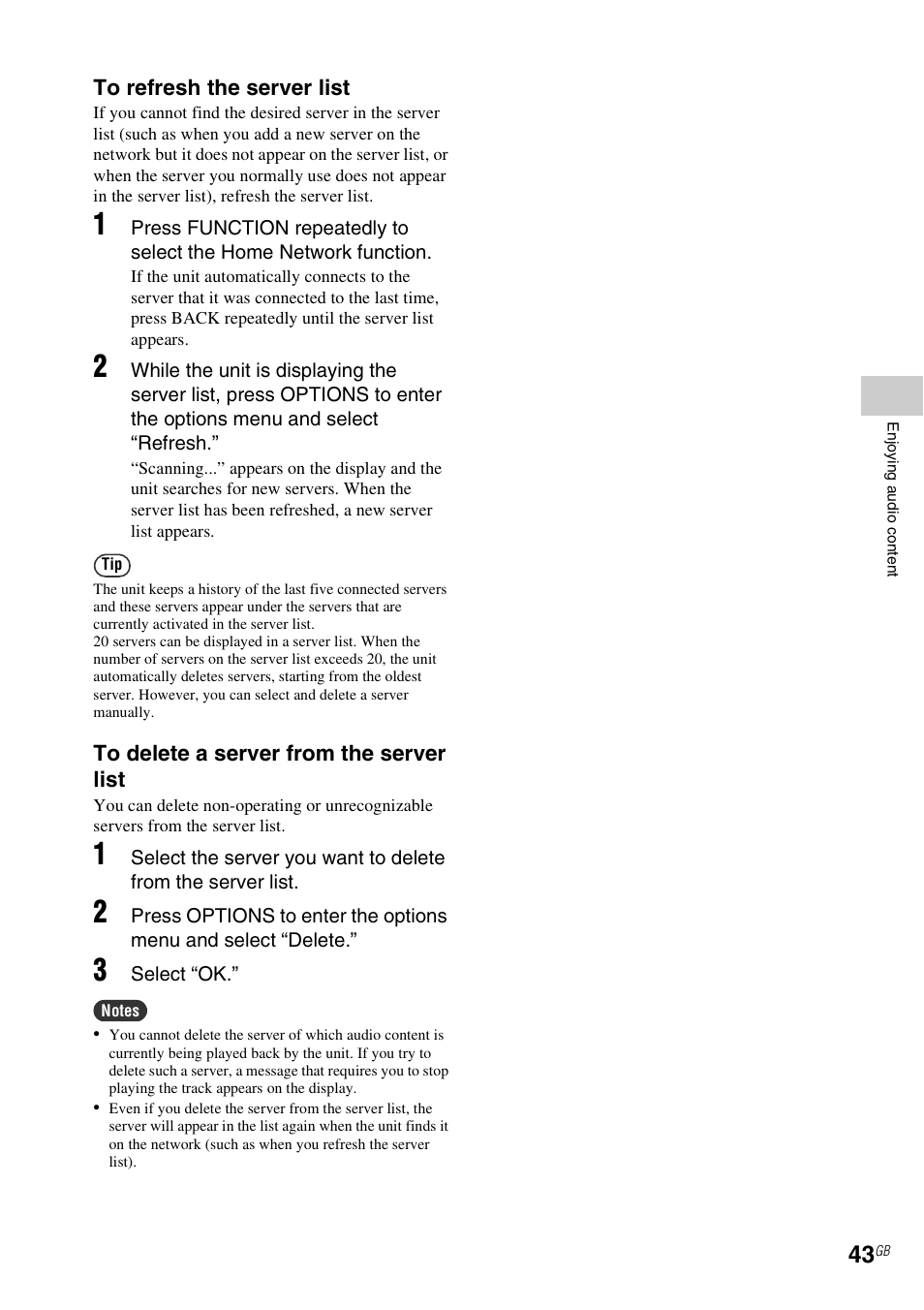 To refresh the server list, To refresh the server list” (p, 43) t | Sony NAS-SV20i User Manual | Page 43 / 95