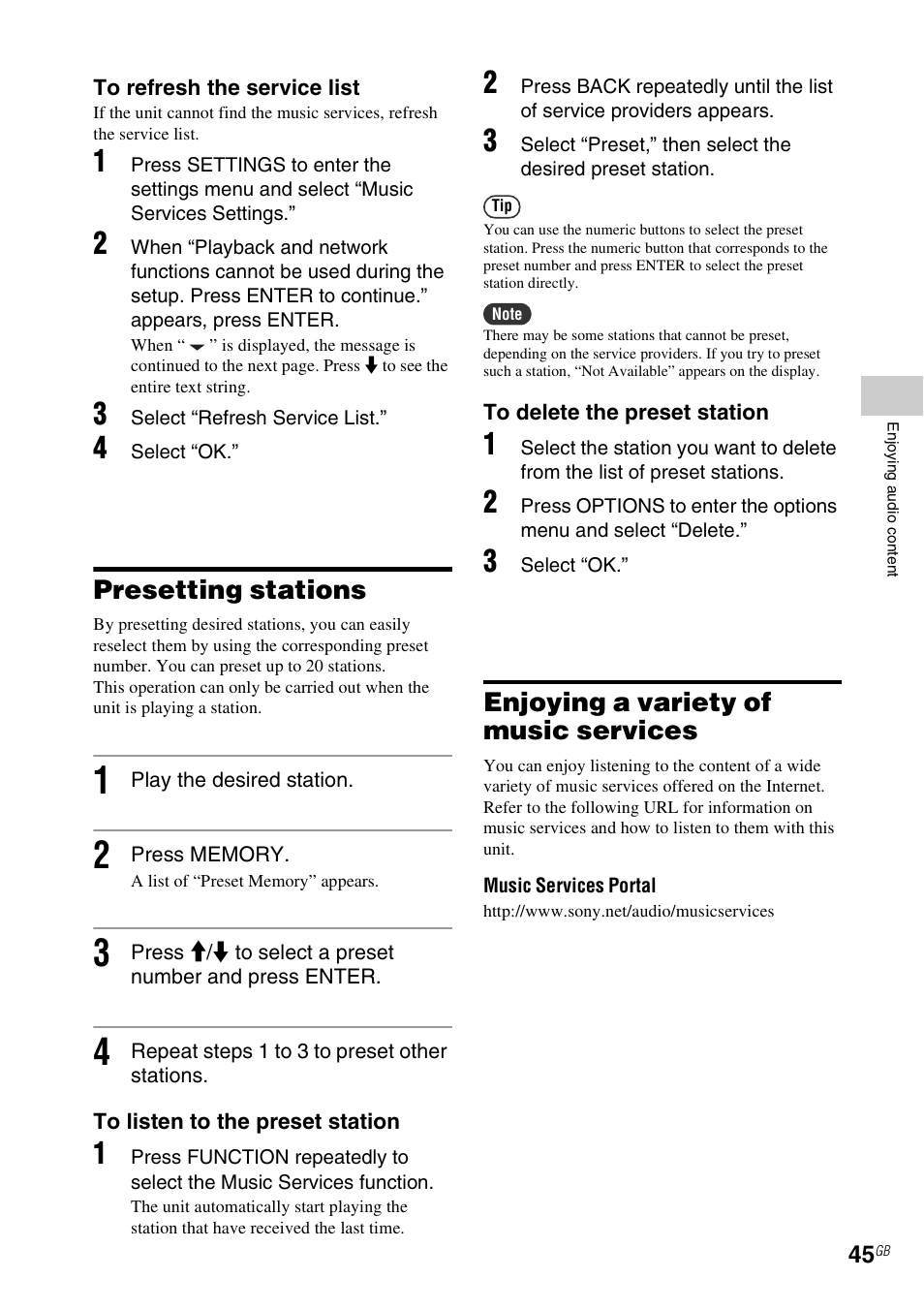 Presetting stations, Enjoying a variety of music services | Sony NAS-SV20i User Manual | Page 45 / 95