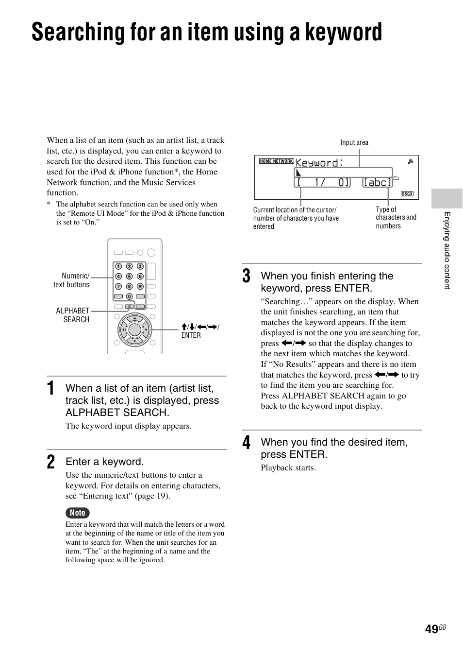 Searching for an item using a keyword | Sony NAS-SV20i User Manual | Page 49 / 95