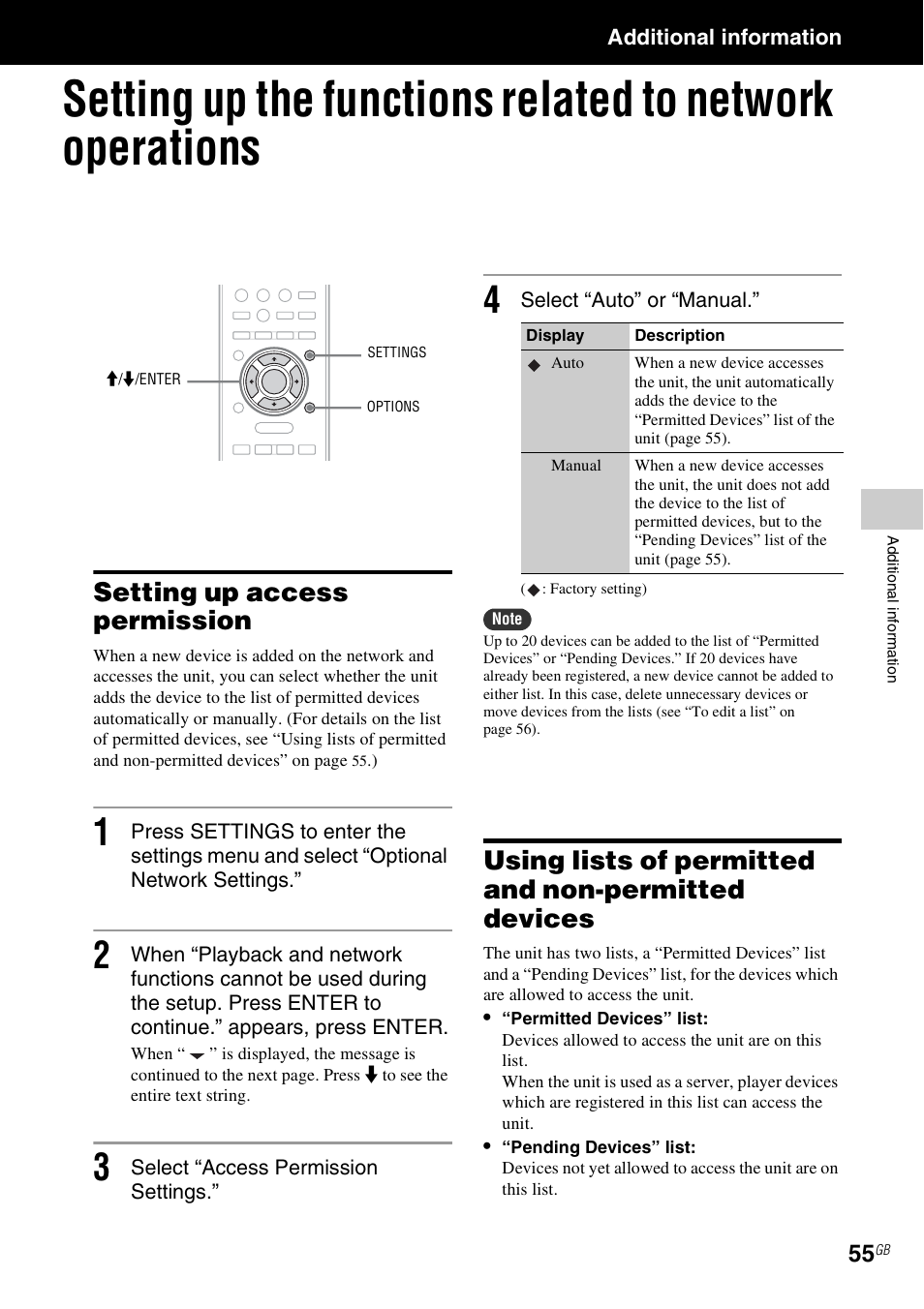 Additional information, Setting up access permission, Using lists of permitted and non-permitted devices | Age 55), E 55) | Sony NAS-SV20i User Manual | Page 55 / 95