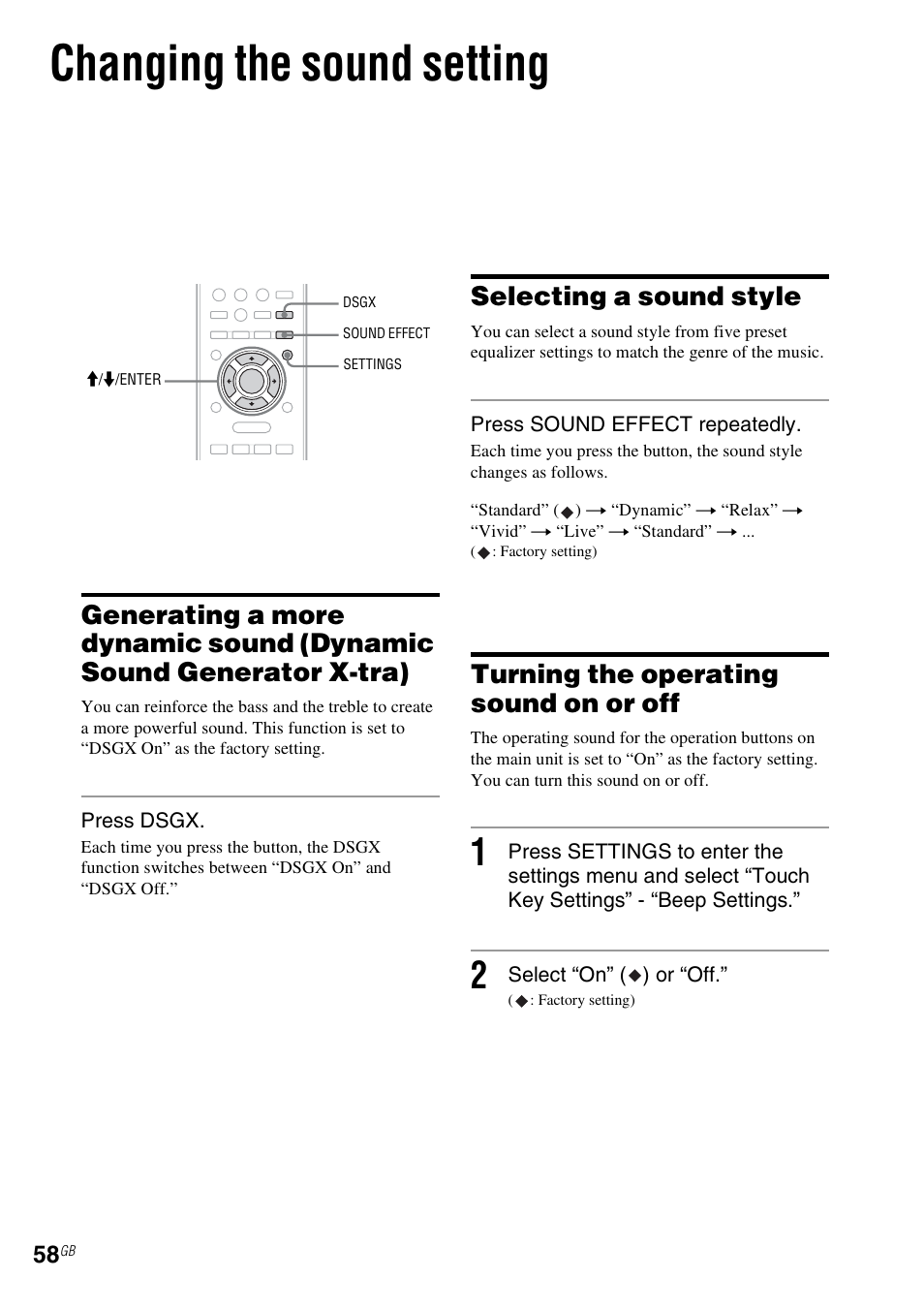 Changing the sound setting, Selecting a sound style, Turning the operating sound on or off | E 58) | Sony NAS-SV20i User Manual | Page 58 / 95