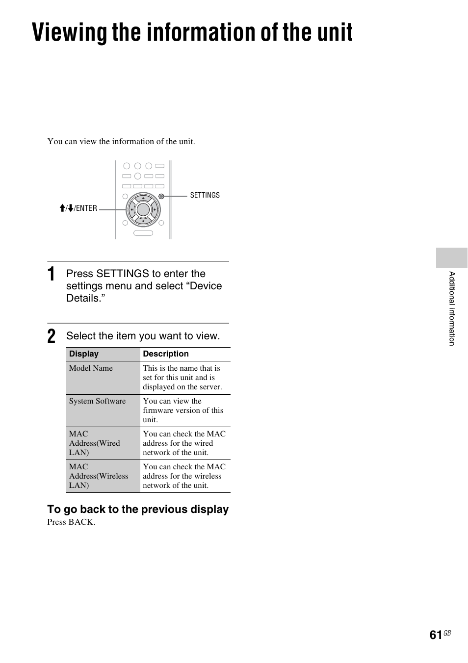 Viewing the information of the unit | Sony NAS-SV20i User Manual | Page 61 / 95