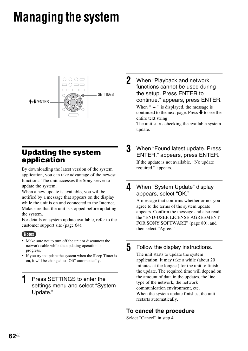 Managing the system, Updating the system application | Sony NAS-SV20i User Manual | Page 62 / 95