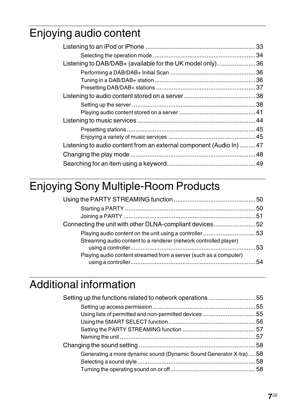 Enjoying audio content, Enjoying sony multiple-room products, Additional information | Sony NAS-SV20i User Manual | Page 7 / 95