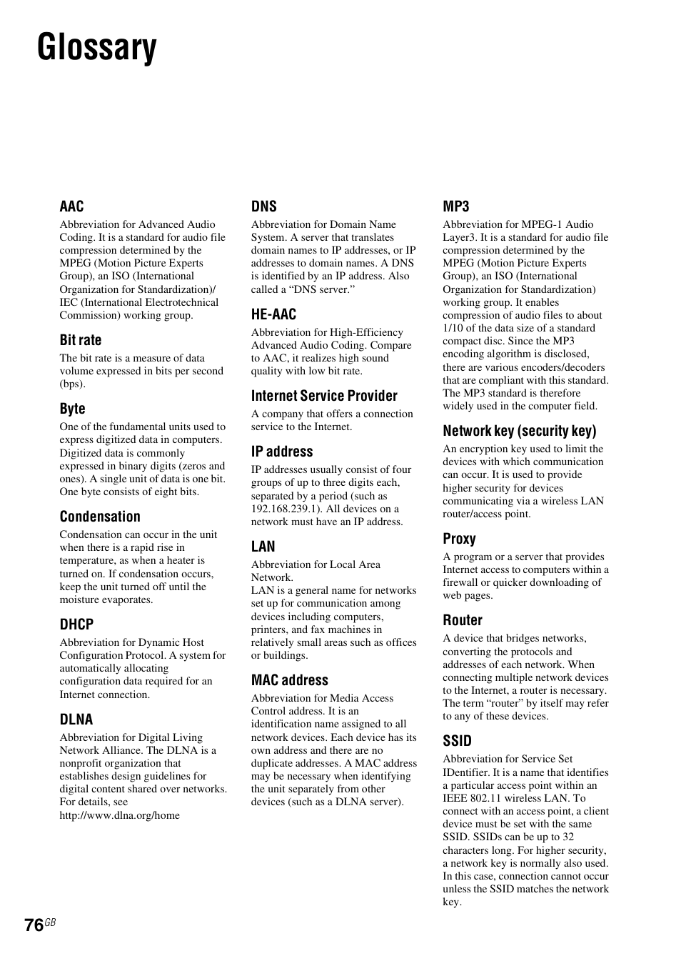 Glossary | Sony NAS-SV20i User Manual | Page 76 / 95