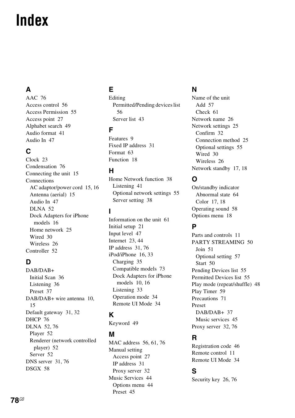 Index | Sony NAS-SV20i User Manual | Page 78 / 95