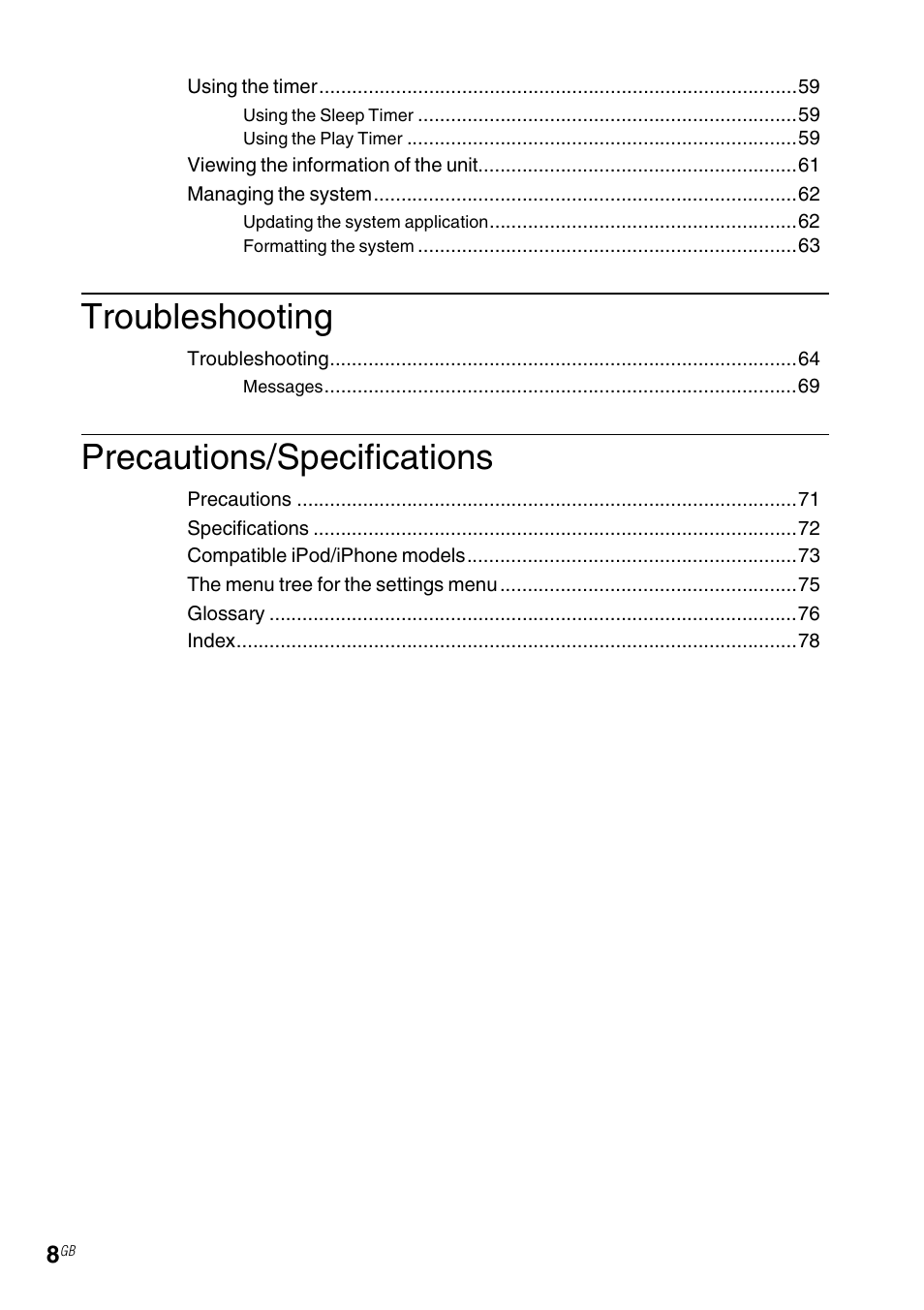 Troubleshooting, Precautions/specifications | Sony NAS-SV20i User Manual | Page 8 / 95