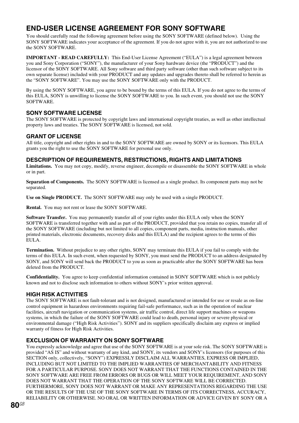 End-user license agreement for sony software, E 80 | Sony NAS-SV20i User Manual | Page 80 / 95