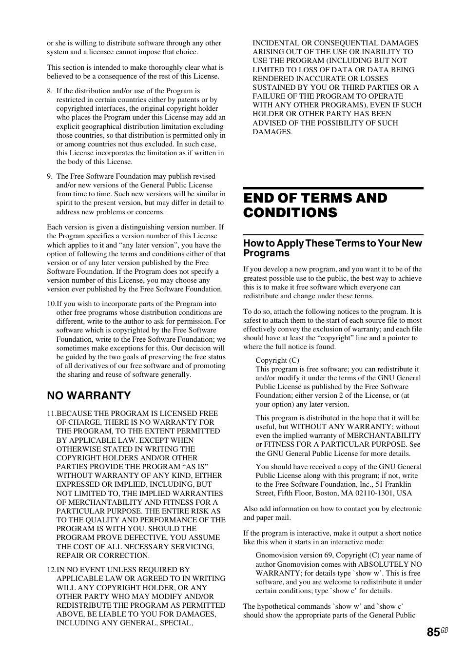 End of terms and conditions, No warranty, How to apply these terms to your new programs | Sony NAS-SV20i User Manual | Page 85 / 95