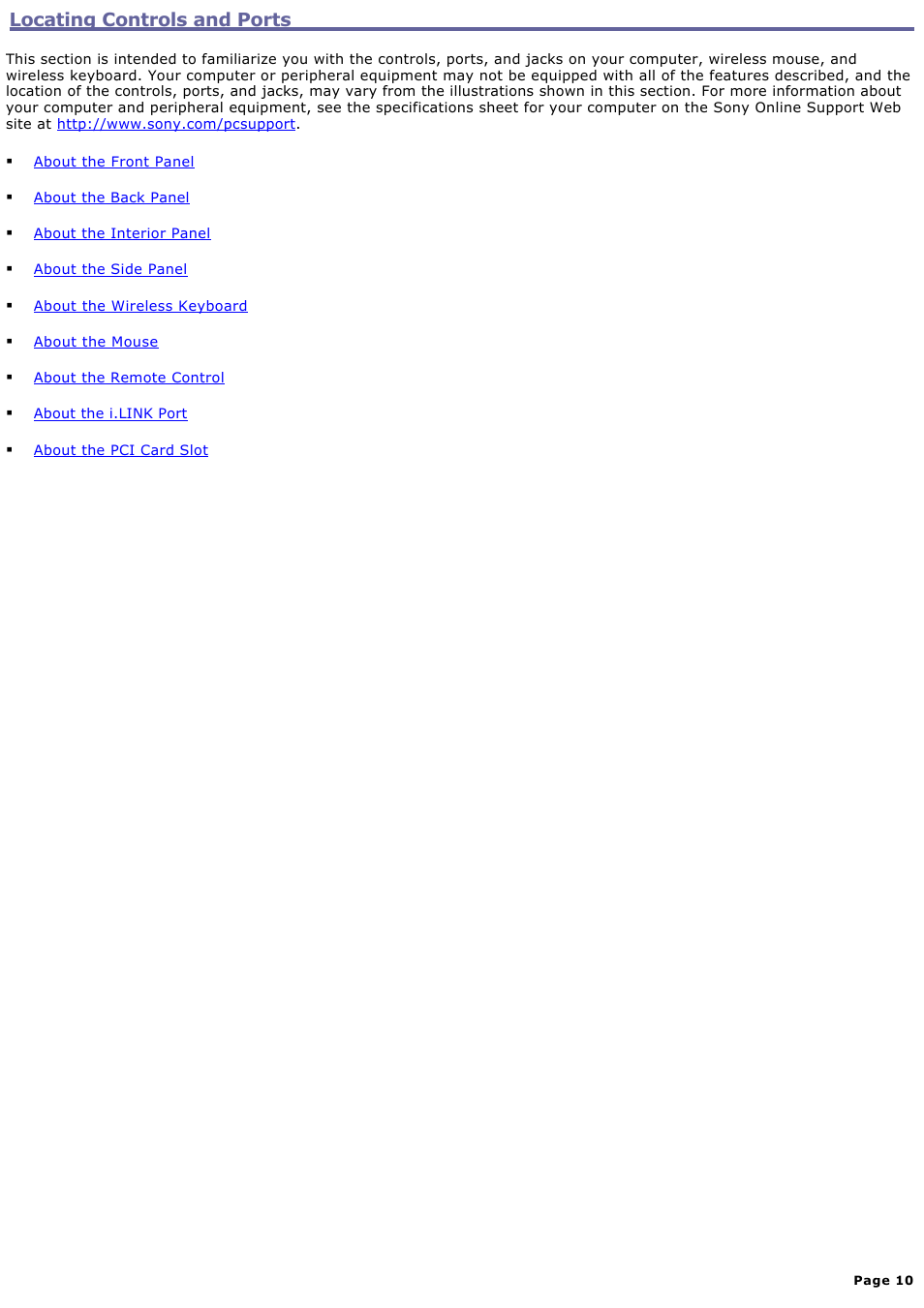 Locating controls and ports | Sony VGC-V520G User Manual | Page 10 / 157