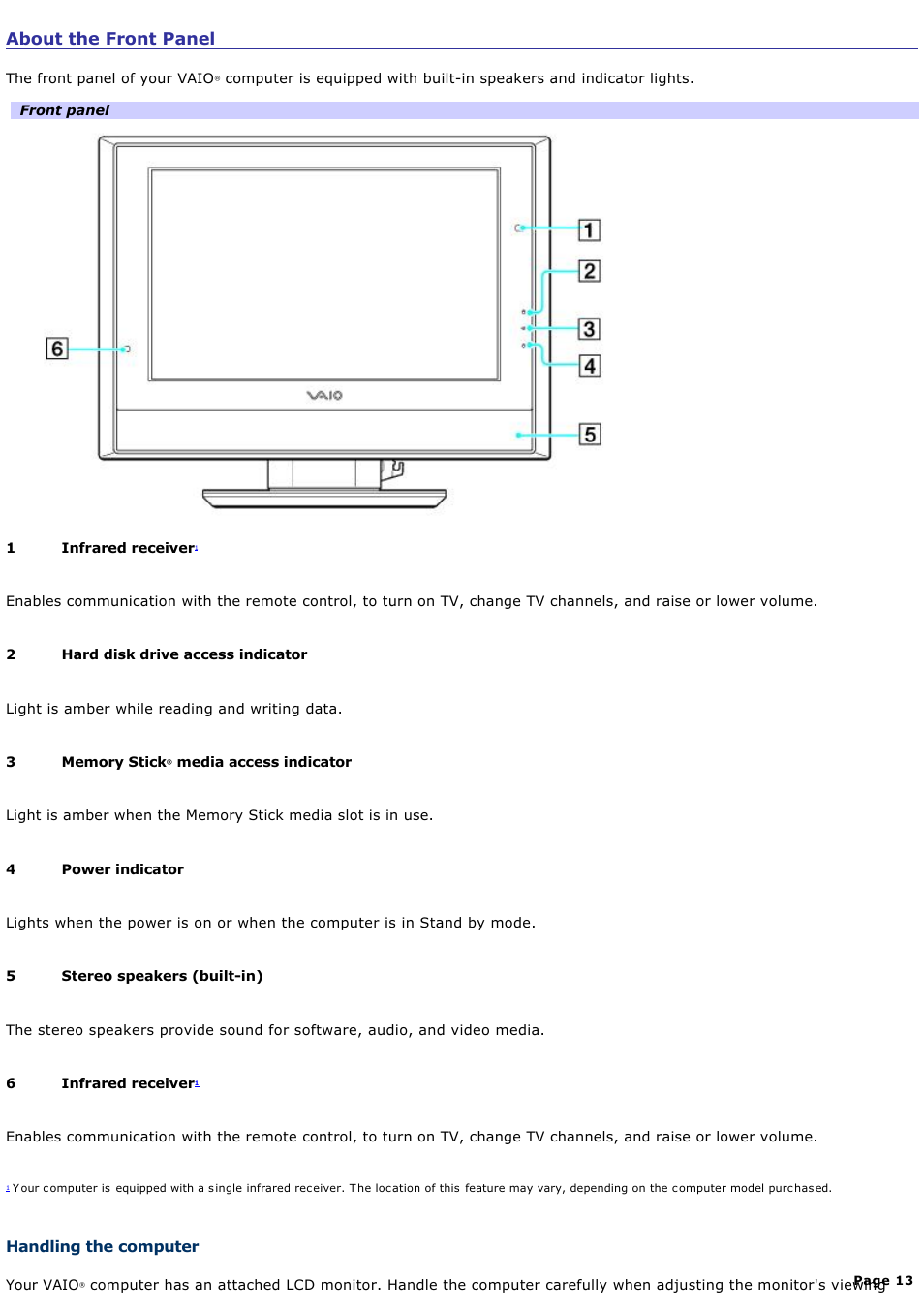 Handling the computer, About the front panel | Sony VGC-V520G User Manual | Page 13 / 157