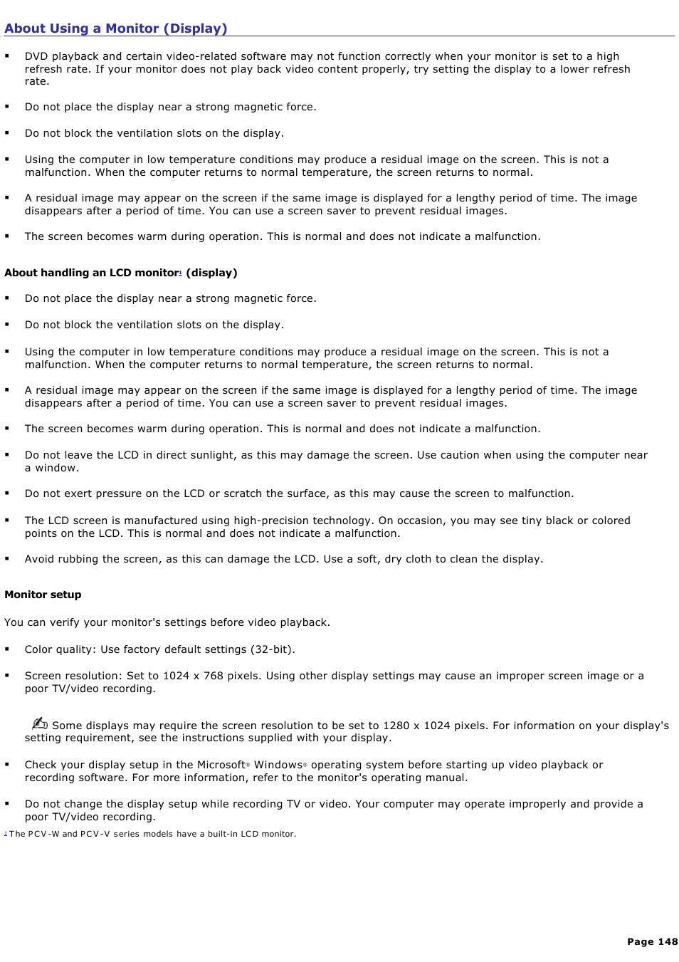 About using a monitor (display) | Sony VGC-V520G User Manual | Page 148 / 157