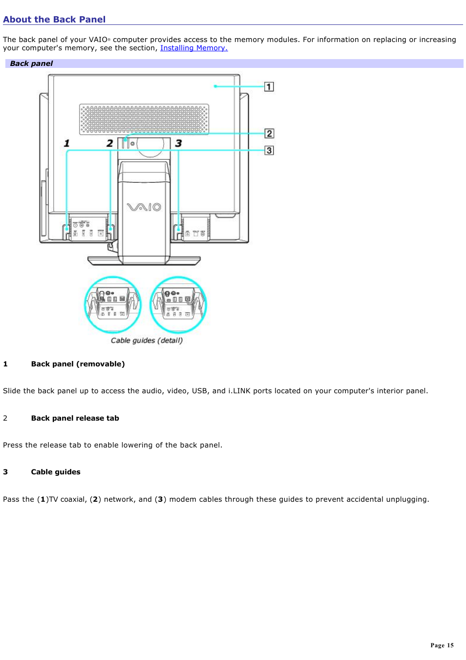 About the back panel | Sony VGC-V520G User Manual | Page 15 / 157