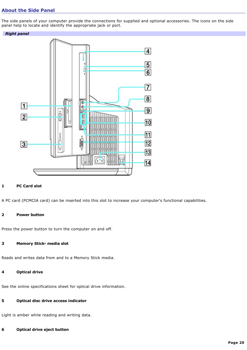 About the side panel | Sony VGC-V520G User Manual | Page 20 / 157