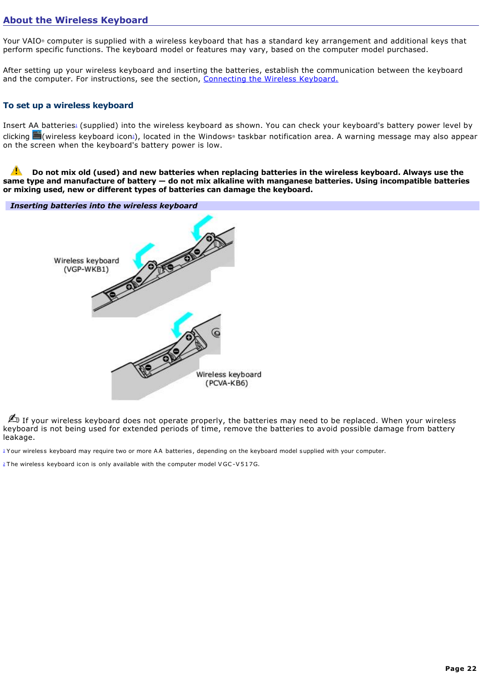 About the wireless keyboard | Sony VGC-V520G User Manual | Page 22 / 157