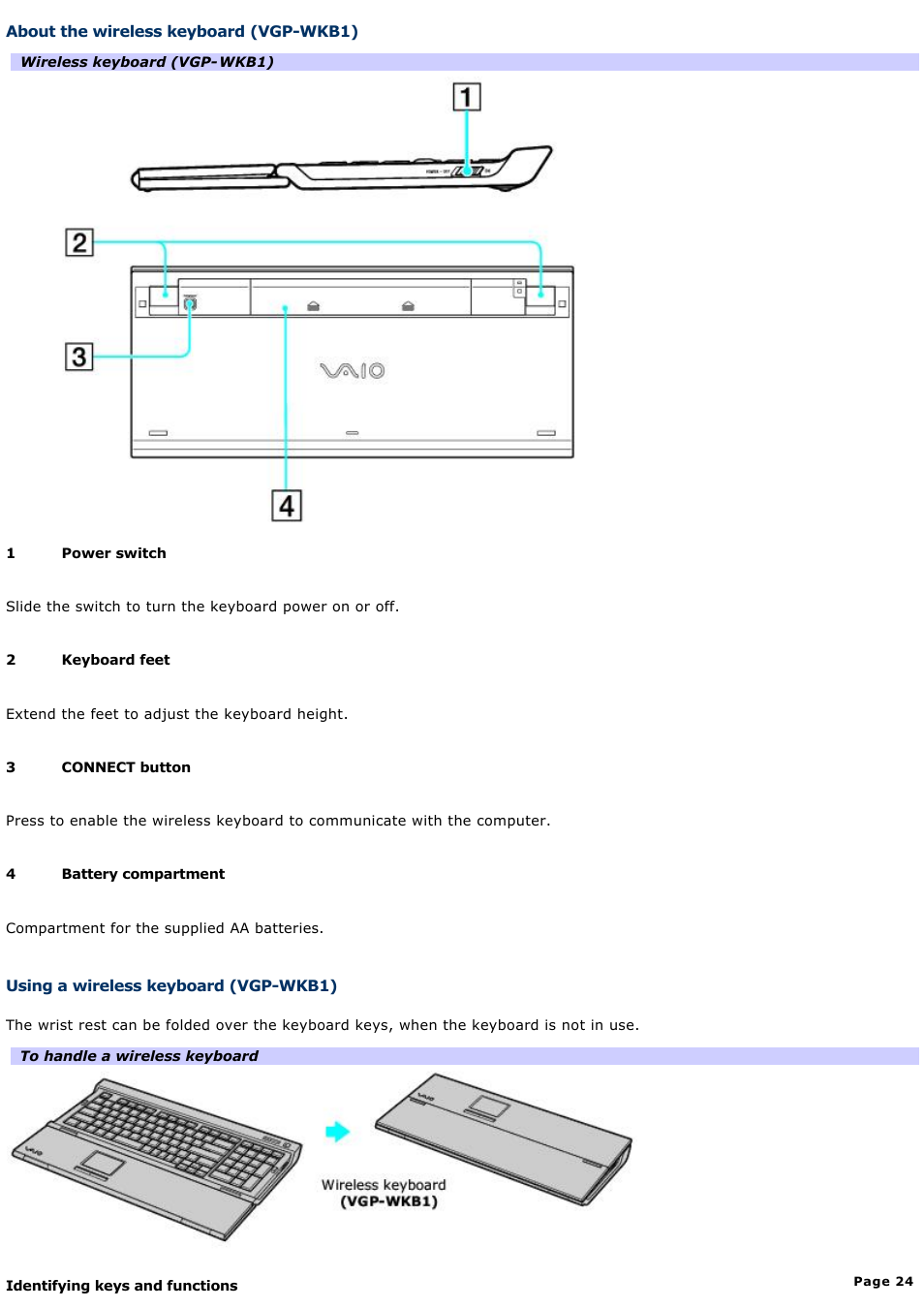 About the wireless keyboard (vgp-wkb1) | Sony VGC-V520G User Manual | Page 24 / 157