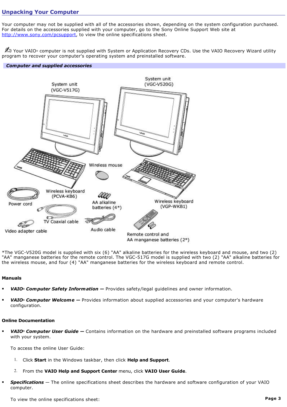 Unpacking your computer | Sony VGC-V520G User Manual | Page 3 / 157