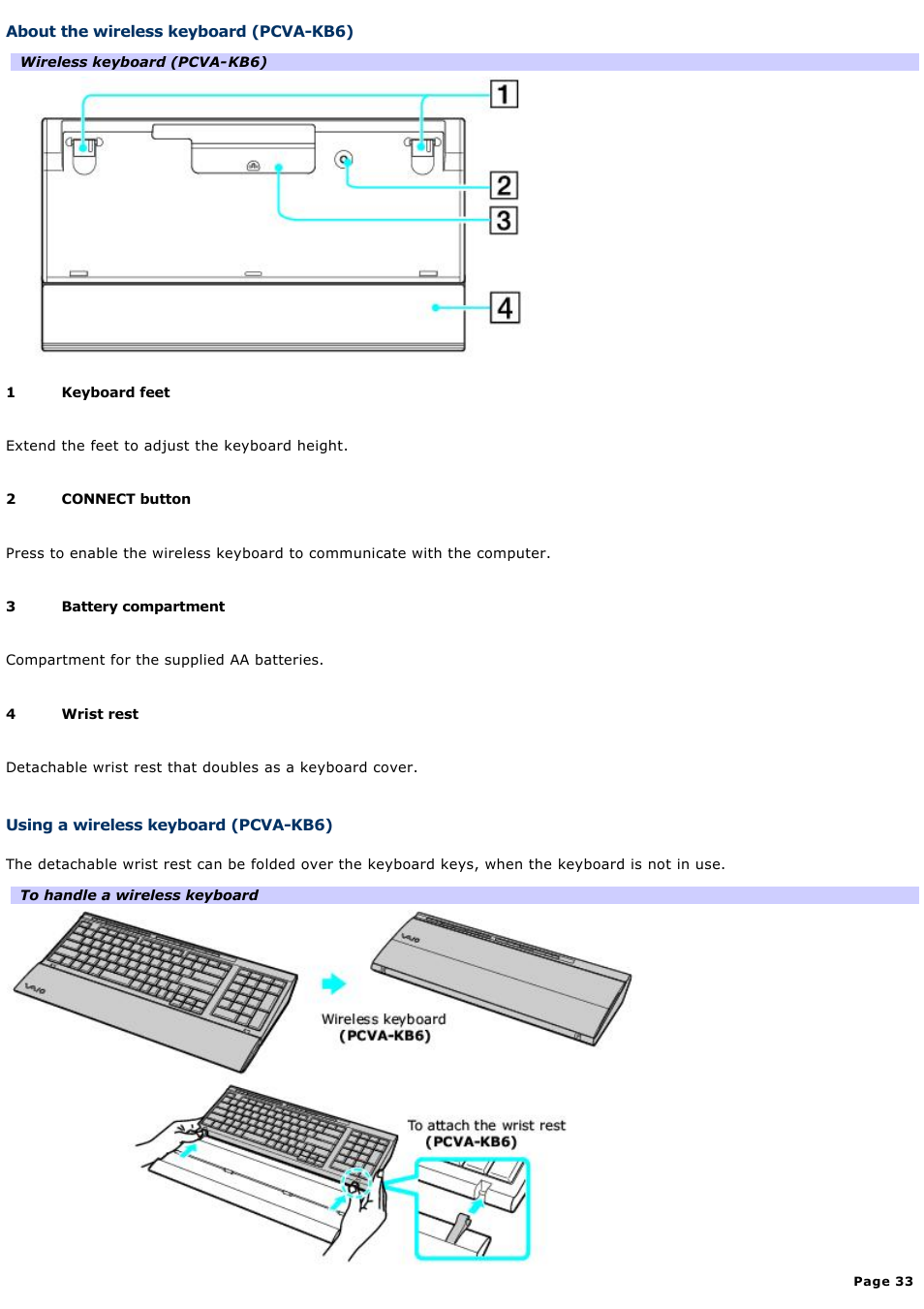 Using a wireless keyboard (pcva-kb6) | Sony VGC-V520G User Manual | Page 33 / 157