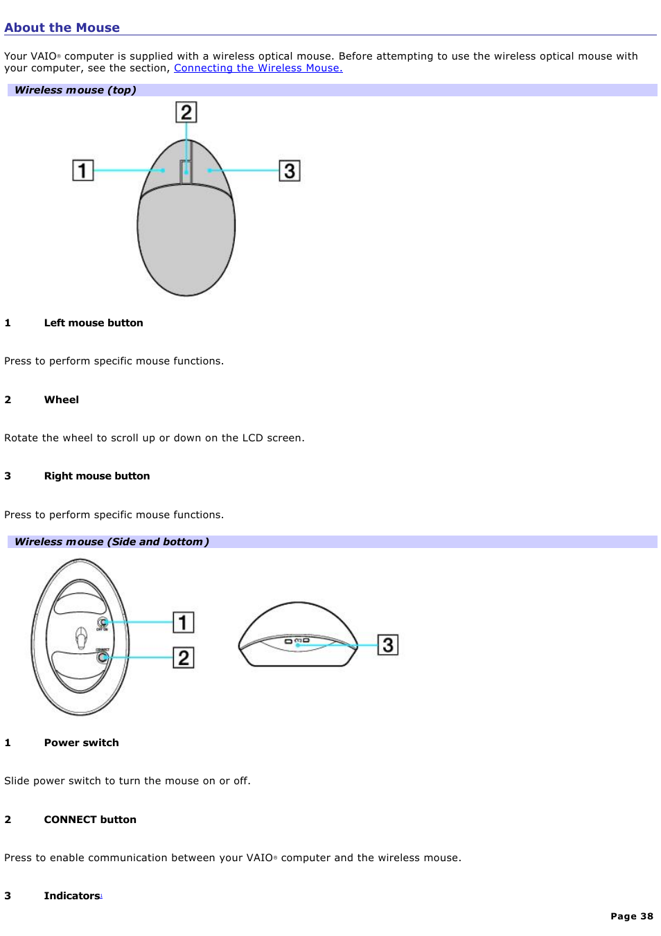 To set up the wireless mouse, About the mouse | Sony VGC-V520G User Manual | Page 38 / 157