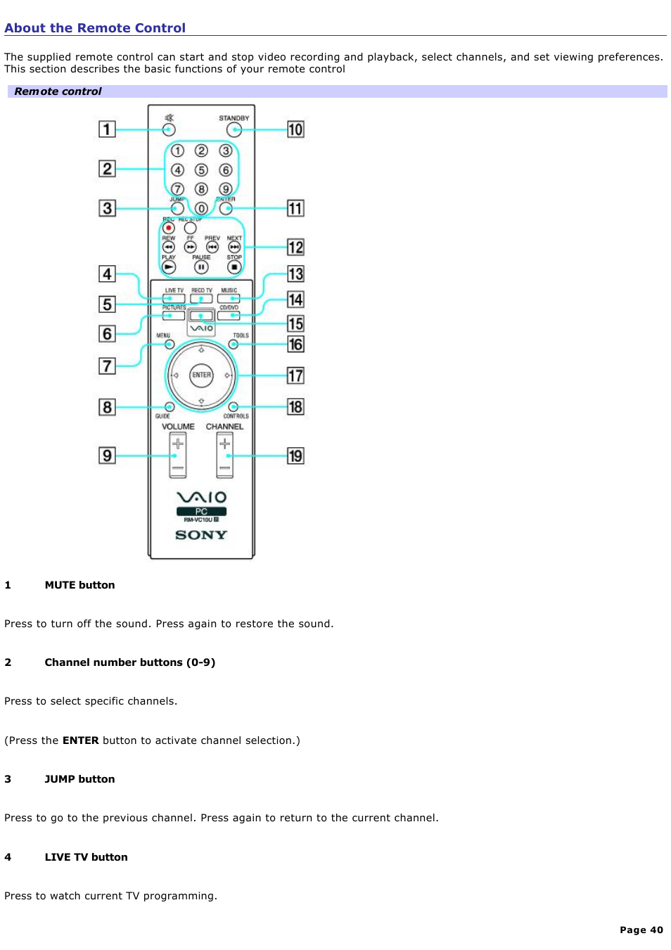 About the remote control | Sony VGC-V520G User Manual | Page 40 / 157