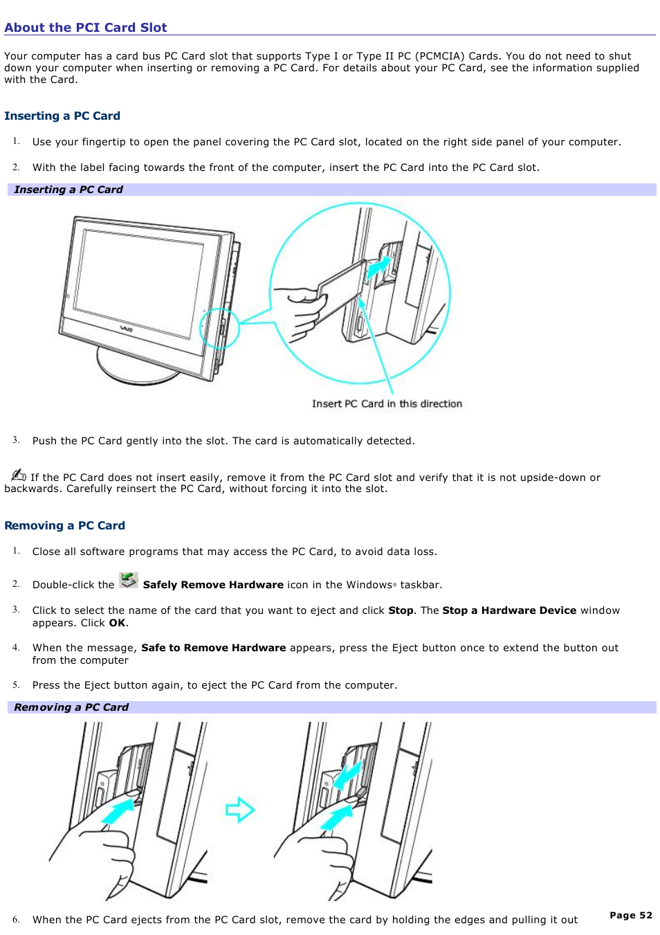 Inserting a pc card | Sony VGC-V520G User Manual | Page 52 / 157