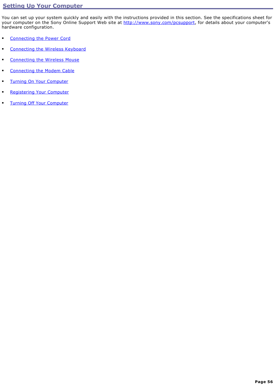 Setting up your computer | Sony VGC-V520G User Manual | Page 56 / 157