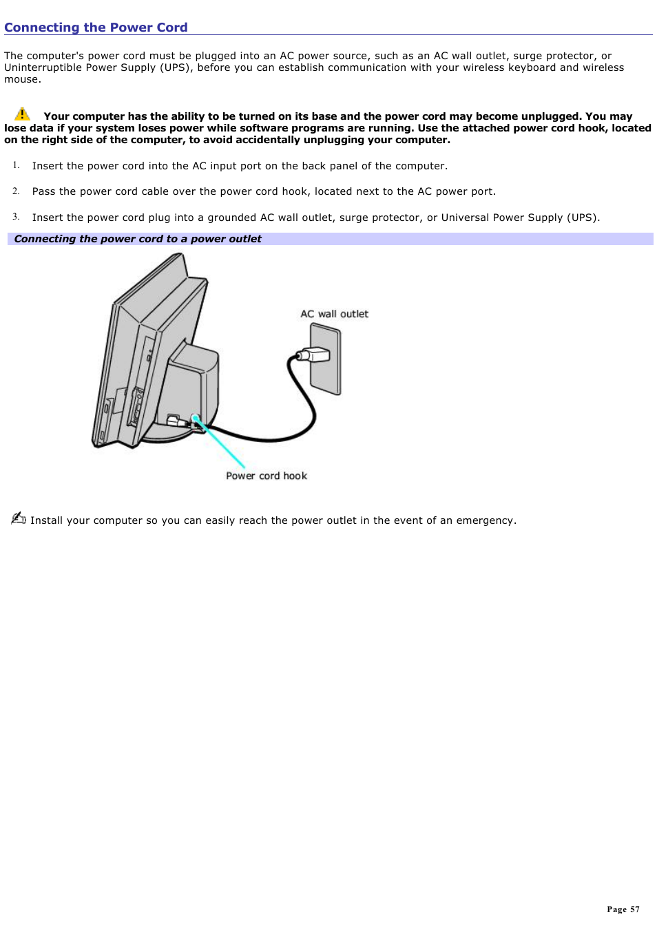 Connecting the power cord | Sony VGC-V520G User Manual | Page 57 / 157