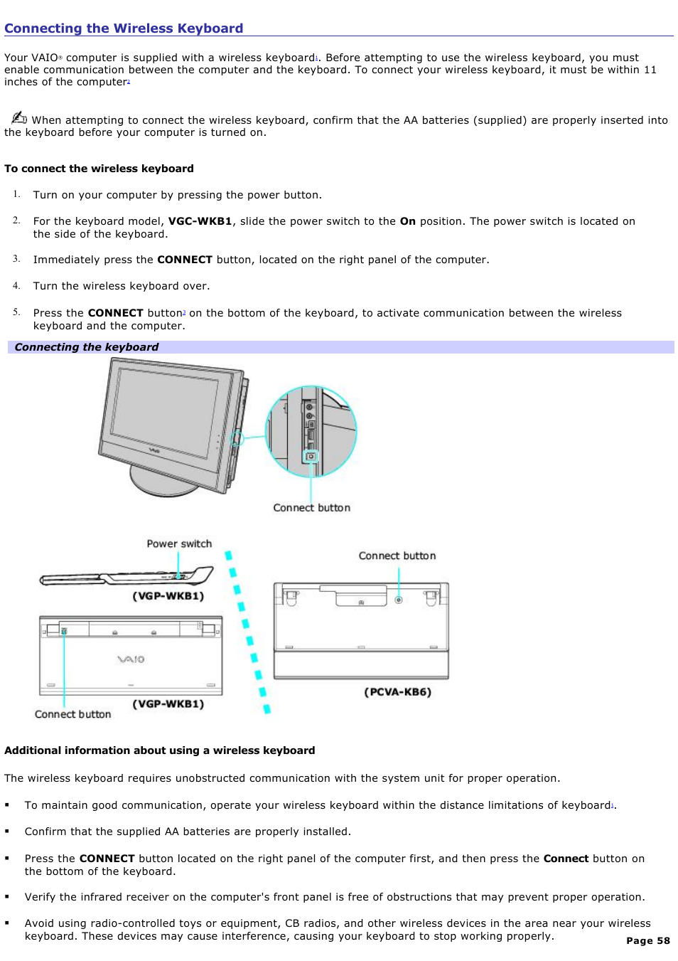 Connecting the wireless keyboard | Sony VGC-V520G User Manual | Page 58 / 157