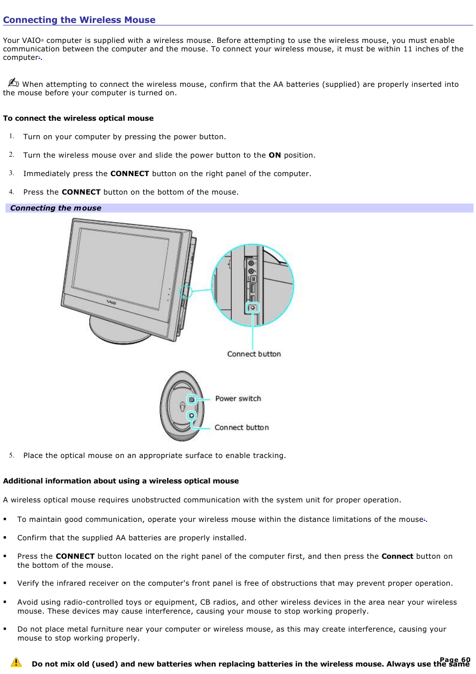 Connecting the wireless mouse | Sony VGC-V520G User Manual | Page 60 / 157